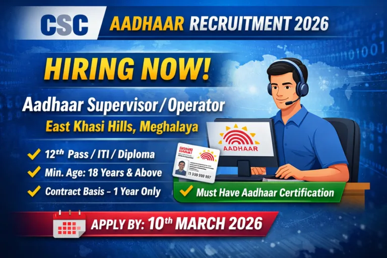 CSC Aadhaar Supervisor/Operator Recruitment 2026 – Apply for East Khasi Hills Vacancy