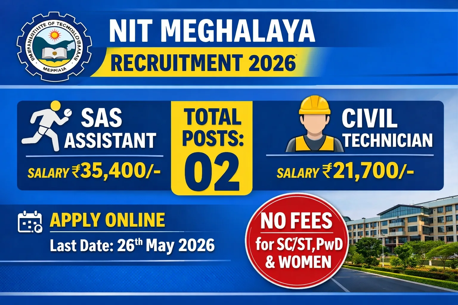 NIT Meghalaya Recruitment 2026: Apply Online for SAS Assistant & Technician Posts
